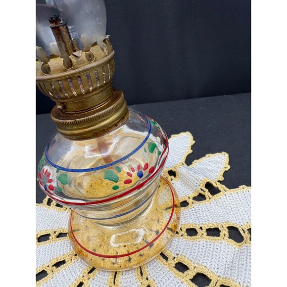 Vintage Mini Oil Lamp Hand Painted Flowers Clear Glass - Picture 3 of 4